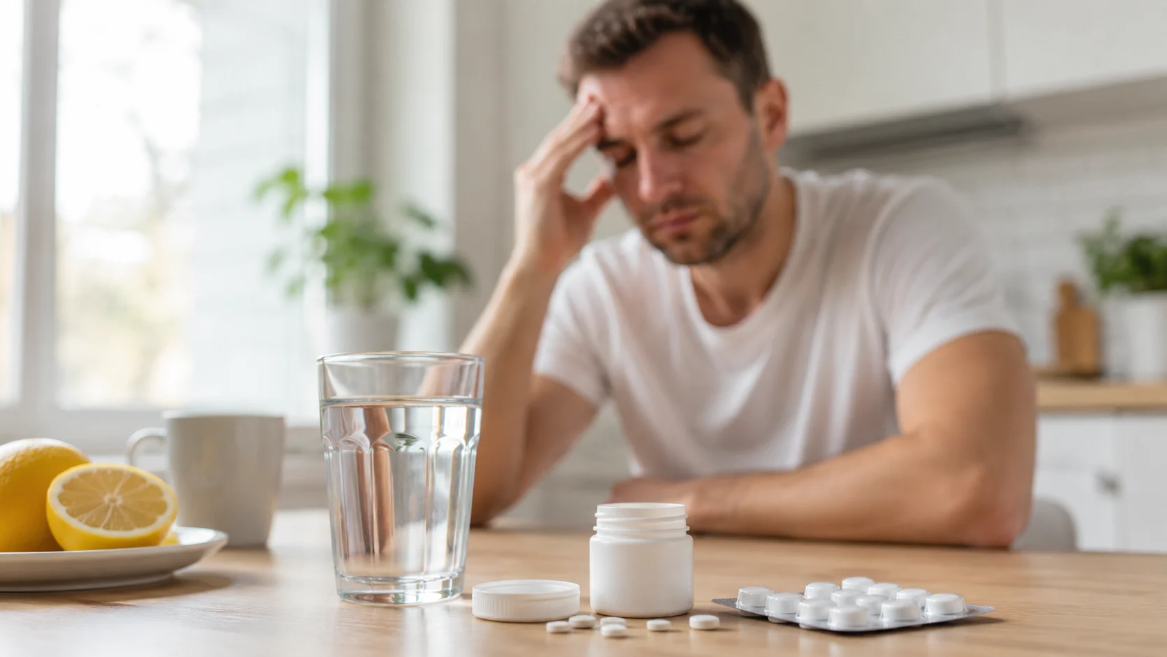 Мужчина с похмельем сидит за столом в кухне, держится за голову, на столе перед ним стакан воды, лимон и таблетки глицина, создавая атмосферу восстановления после алкоголя.